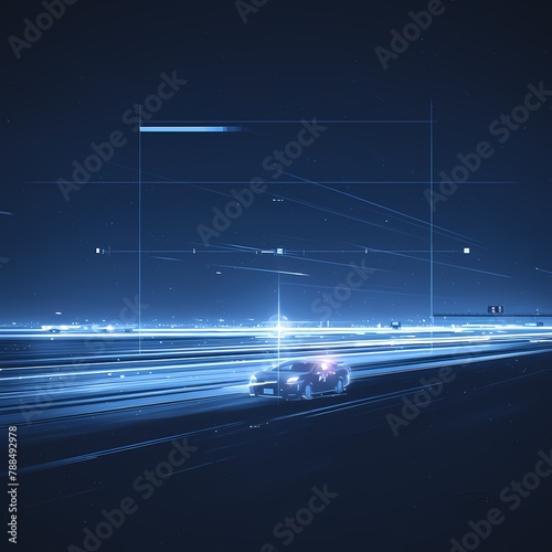 A dynamic nighttime scene featuring a car racing down a freeway with blurred motion lines and vibrant lighting effects.