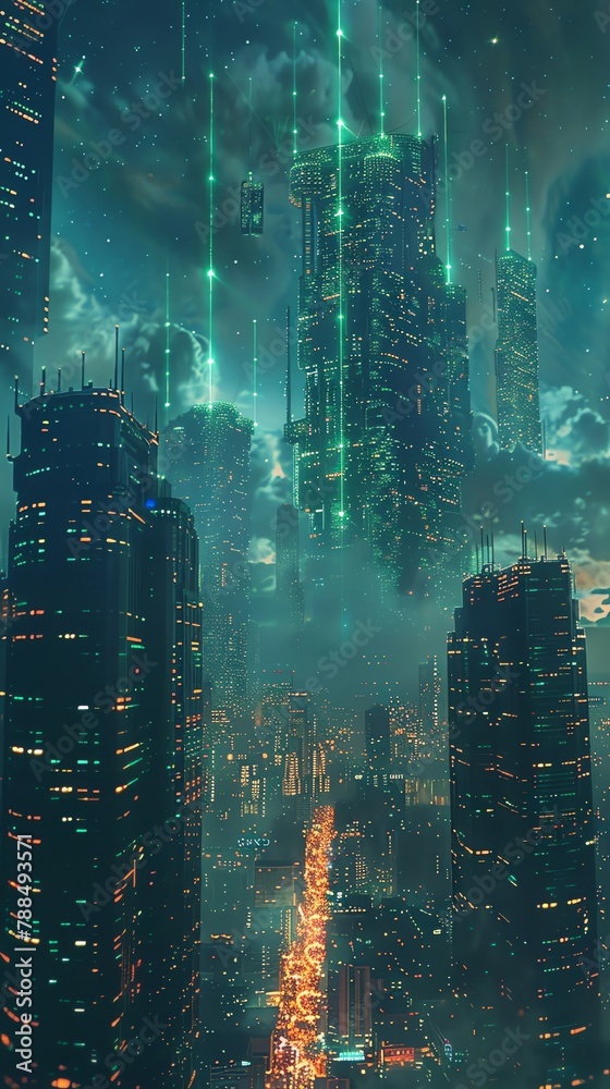 a futuristic city skyline with floating, interconnected servers at a dramatic tilted angle perspective, Incorporate glowing access points