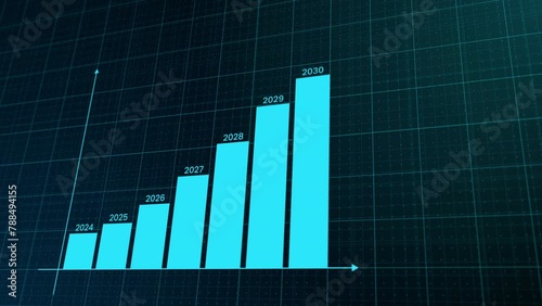 Bar chart development progress year by year until 2030. Business growing progress yearly. Hitech HUD style animation. 4K video.