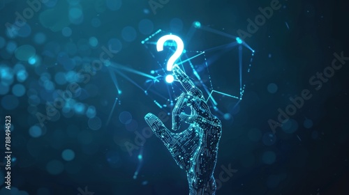 Artificial intelligence or machine learning concept: digital arm raised up to ask a question. E-learning or electronic online voting concept. Abstract technology background. AI generated © haizah