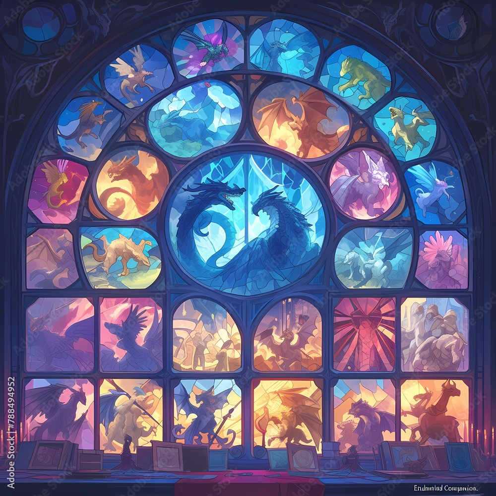 Illuminated with Magic: An Epic Stained Glass Window of Fantasy Creatures and Worlds