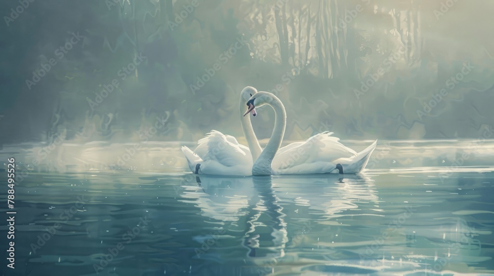 A pair of graceful swans, their elegant necks entwined as they glide across the calm surface of a tranquil lake. - obrazy, fototapety, plakaty 