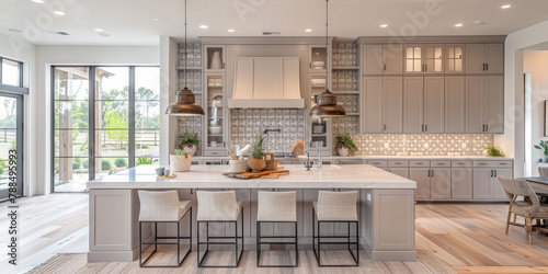 white kitchen interior with grey cabinets and white marble countertops., modern luxury kitchen home