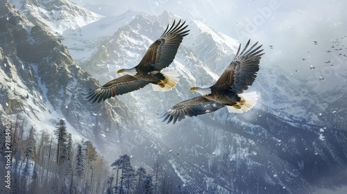 A pair of majestic bald eagles, soaring gracefully through the crisp mountain air, their wings outstretched as they ride the thermals high above the rugged peaks of the Rocky Mountains.
