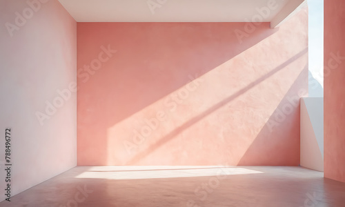 light pink empty room with window and sun rays coming through window 