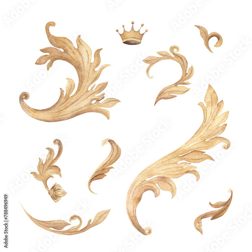 Gold baroque leaves elements collection on white background. Watercolor set. Hand drawn vintage isolated  illustration