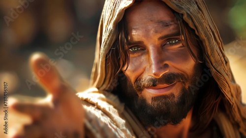 Illustrate the teachings of Jesus in a digital rendering, showcasing him as a compassionate leader through photorealistic techniques