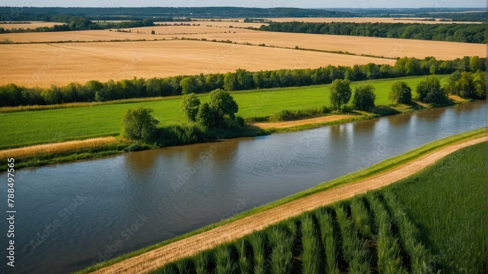 Aerial view of fields by a river Aerial view of fields by a river