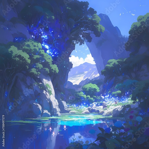 A captivating stock image showcasing a serene cave with a waterfall  sparkling quartz formations  and lush greenery  perfect for fantasy or nature-themed content.