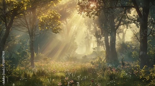 A secluded forest glade bathed in the soft light of dawn, a sanctuary of peace and tranquility untouched by time. photo