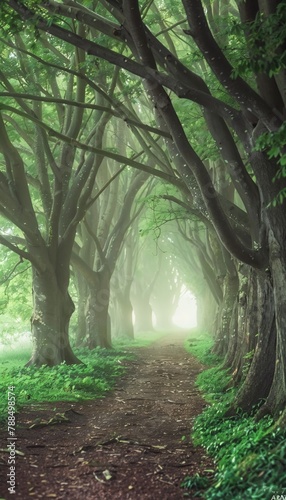 Mystical Forest Path A foggy  mysterious forest path lined with ancient trees  inviting a sense of adventure and exploration