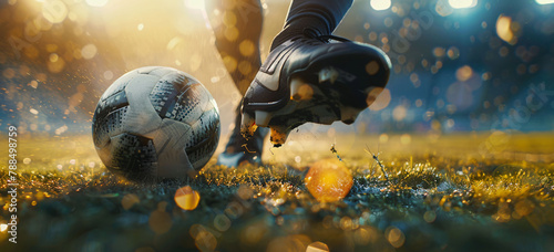 Soccer boot kicking the ball on grass football background photo