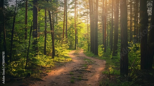 A serene forest trail  with sunlight filtering through the trees and the sound of birdsong filling the air as hikers explore the great outdoors.