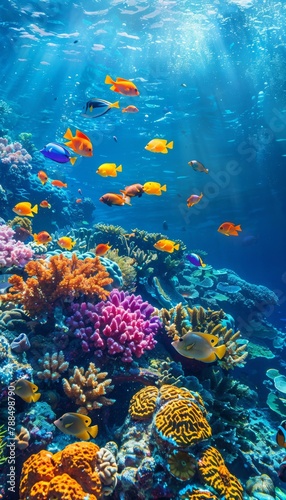 Underwater Coral Reef A vibrant underwater scene showing a colorful coral reef with tropical fish, full of life and color © fourtakig