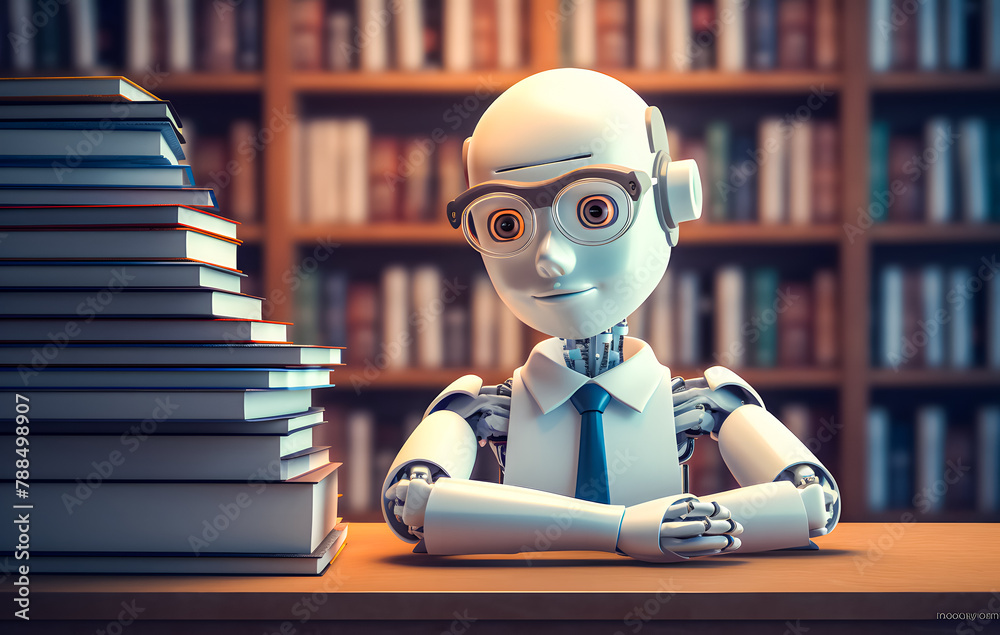 AI humanoid robot is studying and reading books in the library. AI machine learning. future concept AI humanoid robot is studying and reading books in the library. AI machine learning. future concept