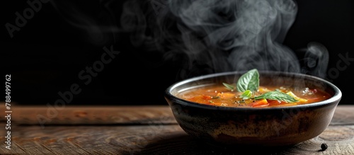 Hot soup in a bowl with steam, placed on a wooden table against a black backdrop.