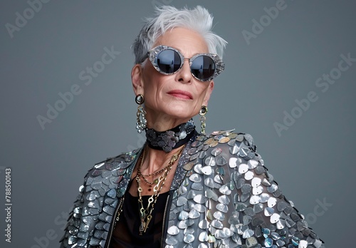 super cool grandma with sunglasses and silver scales outf photo