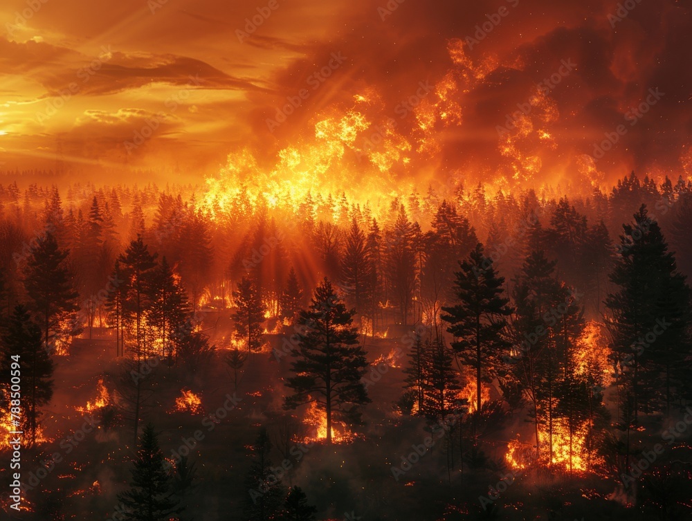 A large forest fire burns through the trees. A large forest fire burns through the trees.