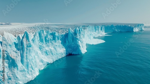 A large glacier seen from above, with large chunks of ice floating in the water.