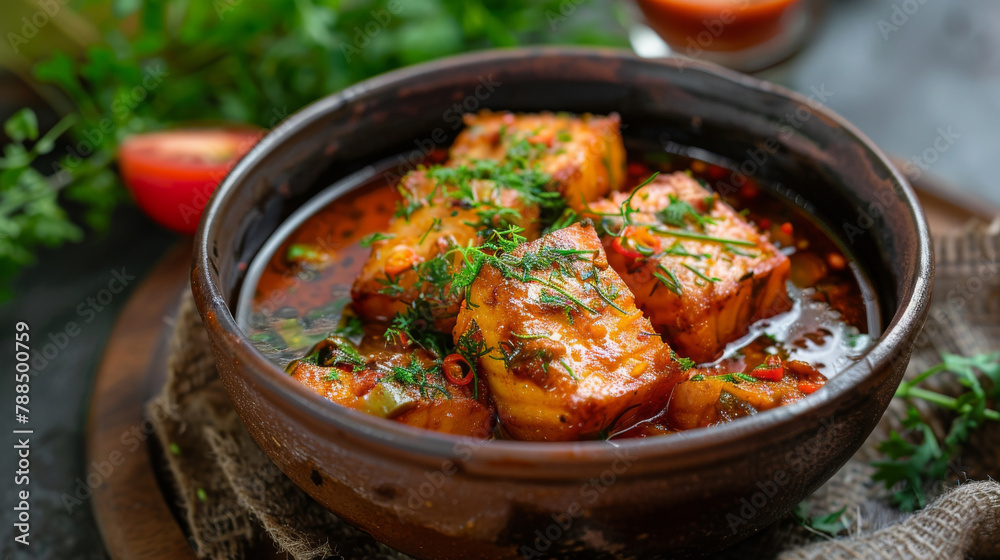 Traditional bangladeshi dish: spicy fish curry with fresh herb garnish, served in an authentic earthenware bowl Traditional bangladeshi dish: spicy fish curry with fresh herb garnish, served in an authentic earthenware bowl