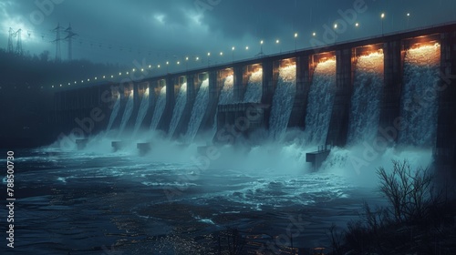 A hydroelectric dam at night with water flowing over the spillway. photo