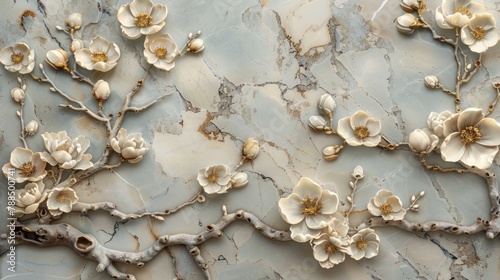 Highlight the intricate floral designs adorning the marble background, creating a sense of natural beauty and elegance.