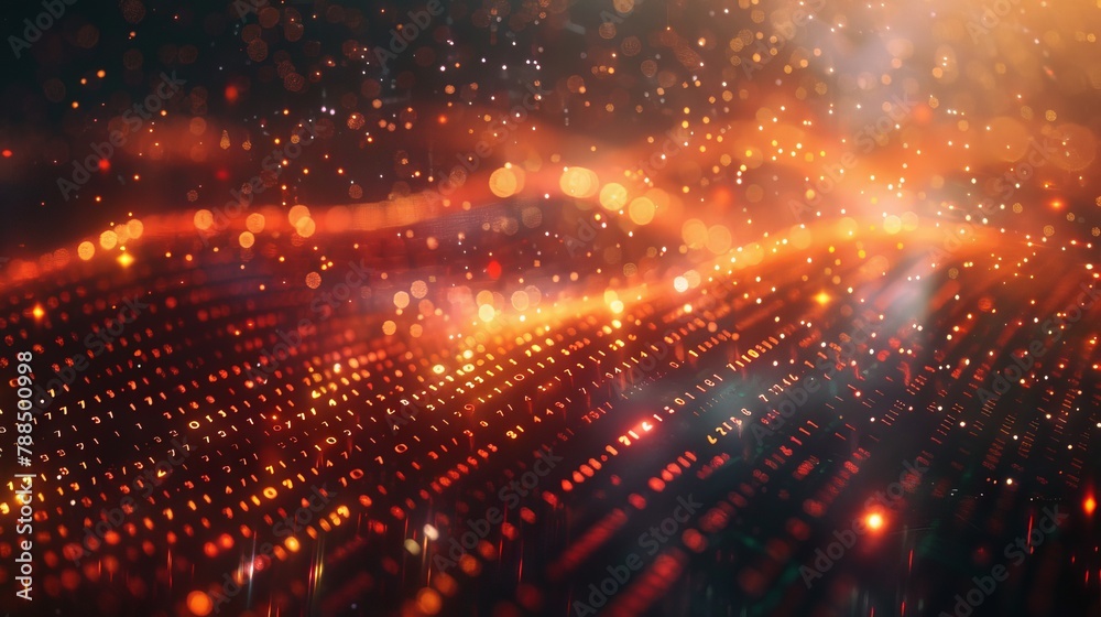 Binary code on a dark background with glowing red particles
