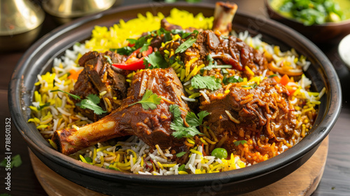 Authentic bangladeshi biryani with goat meat and aromatic spices photo