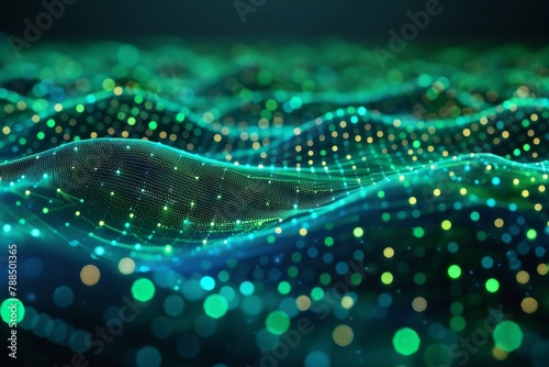 Abstract background with glowing green and blue dots connected on dark background. Big data technology concept  abstract network or internet connection background