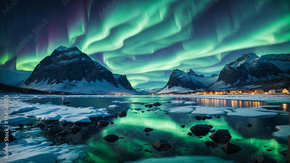 A green and blue aurora fills the sky over snow-covered mountains and their reflection on a body of water.