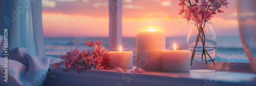 Candles and scented candles on the bedside table, white sheets, pink flowers in vases, and window views of sea waves at sunset.  warm ambiance for romantic moments or peaceful sleep.  © Nice Seven
