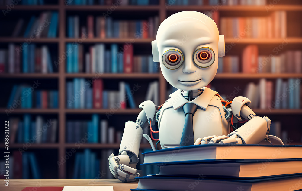 AI humanoid robot is studying and reading books in the library. AI machine learning. future concept AI humanoid robot is studying and reading books in the library. AI machine learning. future concept