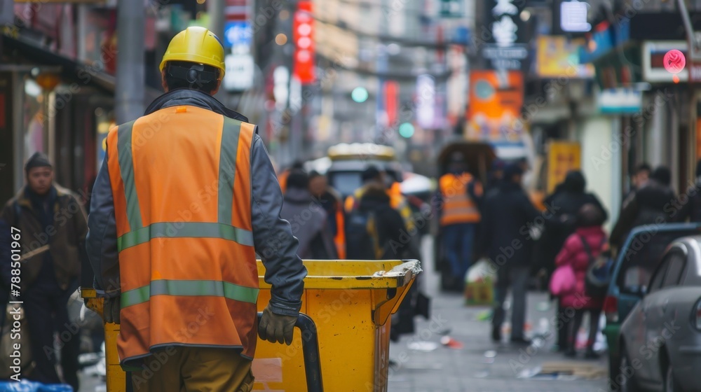 Municipal worker wheeling a garbage cart through crowded sidewalks Municipal worker wheeling a garbage cart through crowded sidewalks