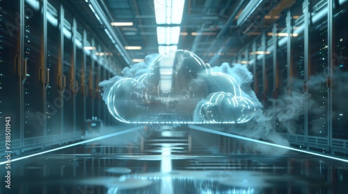 Blue glowing cloud of data floating down a futuristic hallway