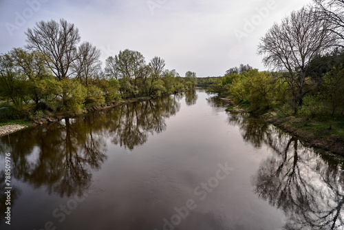 rural landscape with the Warta river and forest during spring
