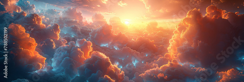  clouds orange beam of light shines down , cloud and sun, background of heaven, where a bright ray of light breaks through the clouds, banner