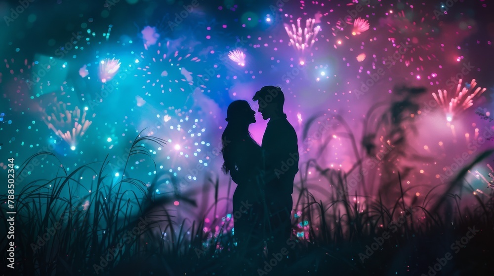 The couple romance moment with beautiful firework background