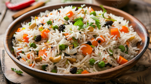 Traditional bangladeshi pilaf with vegetables, nuts, and raisins served in a wooden bowl