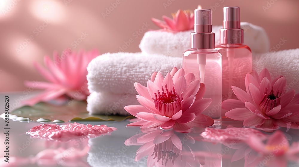 Two bottles of body lotion surrounded by pink lotus flowers next to a soft towel on a solid color background. Generated by artificial intelligence. Two bottles of body lotion surrounded by pink lotus flowers next to a soft towel on a solid color background. Generated by artificial intelligence.