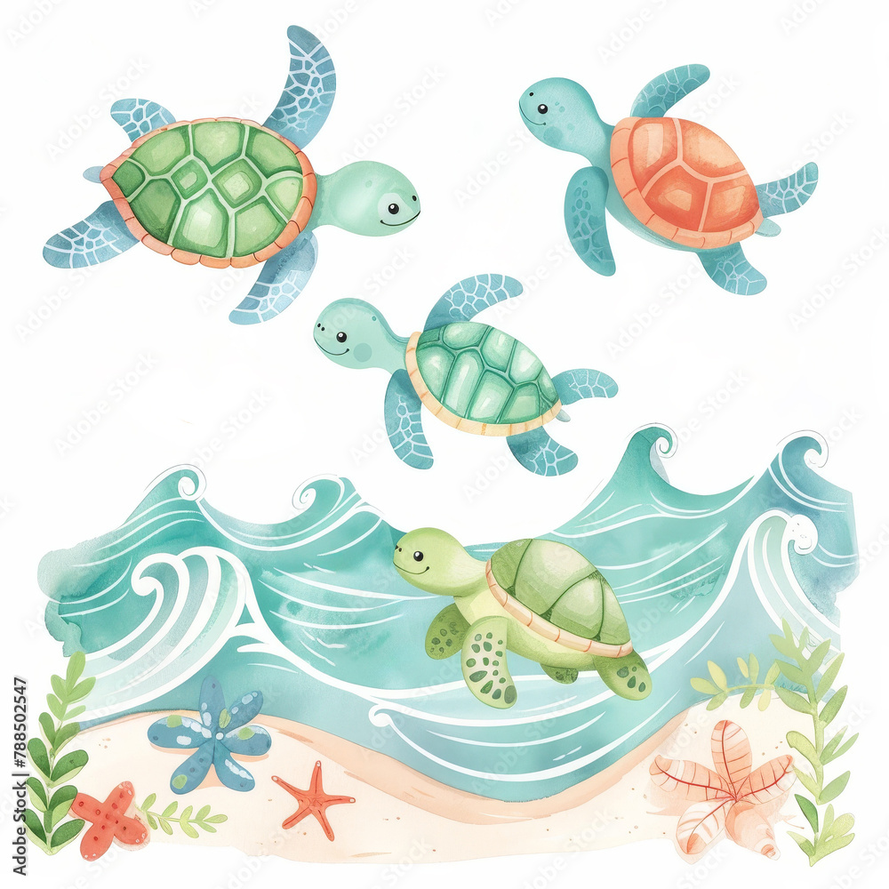Cartoon sea turtles surfing, pastel waves, whimsical beach party, white background