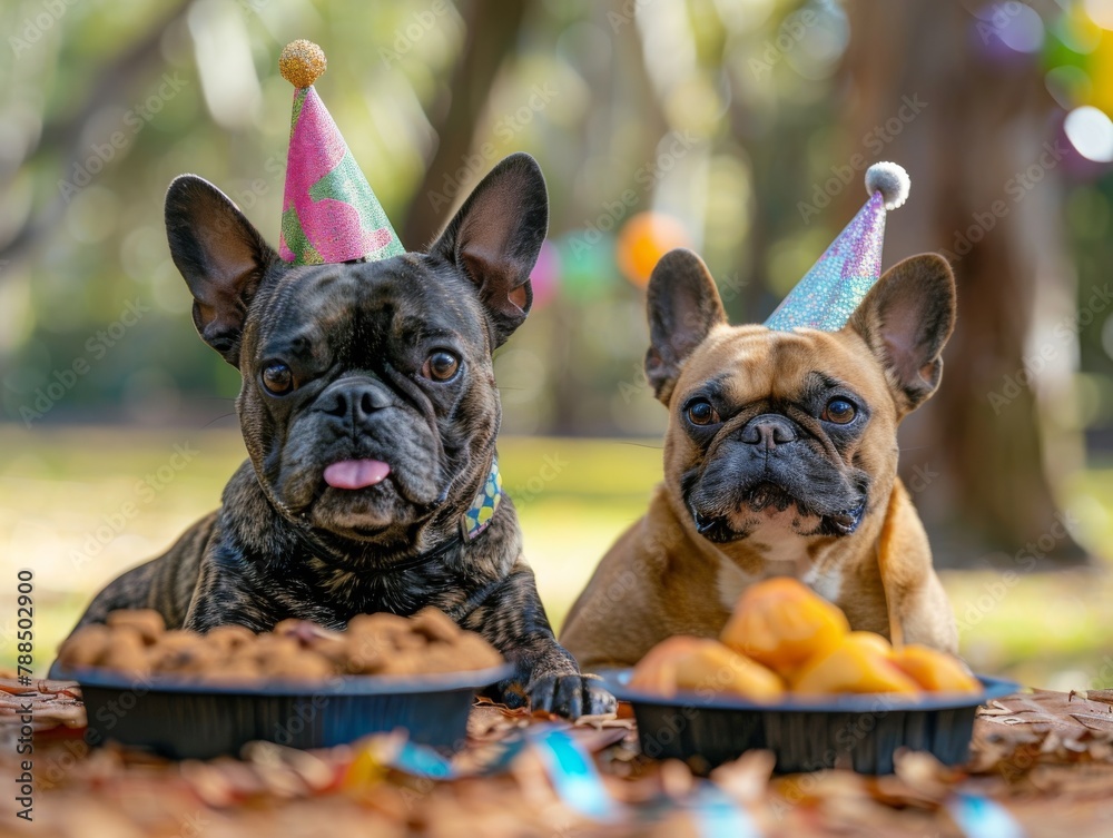 Two French bulldogs wearing party hats sit in front of a table of food.
