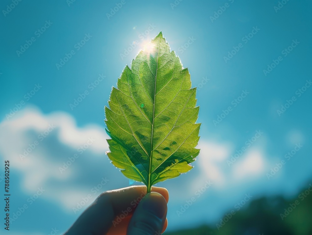 The hand holding a leaf in front of the sun The hand holding a leaf in front of the sun