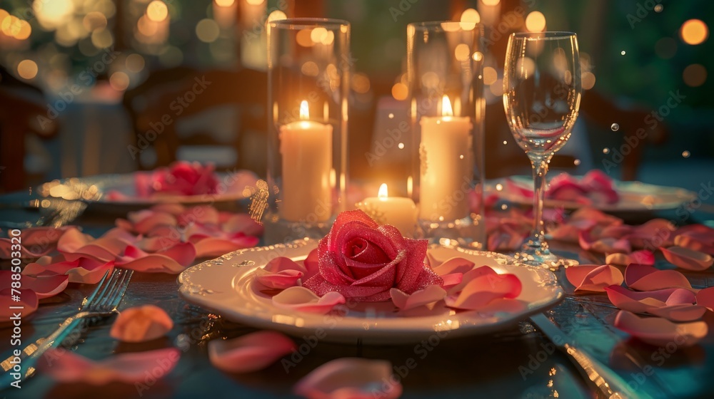 A romantic candlelit dinner table for two with a single pink rose centerpiece and rose petals scattered on the table. A romantic candlelit dinner table for two with a single pink rose centerpiece and rose petals scattered on the table.