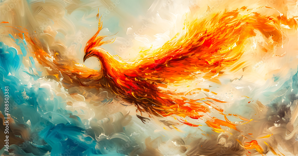 abstract painting of a burning phoenix bird flying in a blue sky full of clouds. abstract background. Phoenix fire wallpaper abstract painting of a burning phoenix bird flying in a blue sky full of clouds. abstract background. Phoenix fire wallpaper