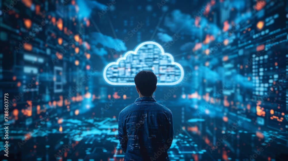 A man standing in a digital space looking at a glowing blue cloud.
