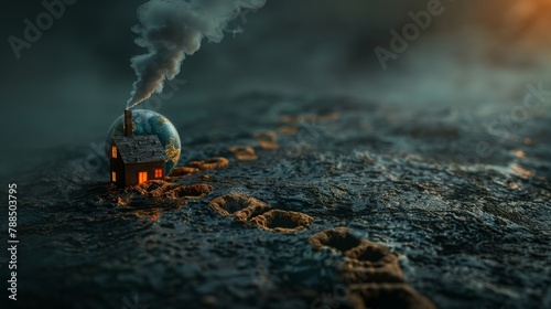 A small house on a barren, cracked earth with smoke coming out of the chimney photo