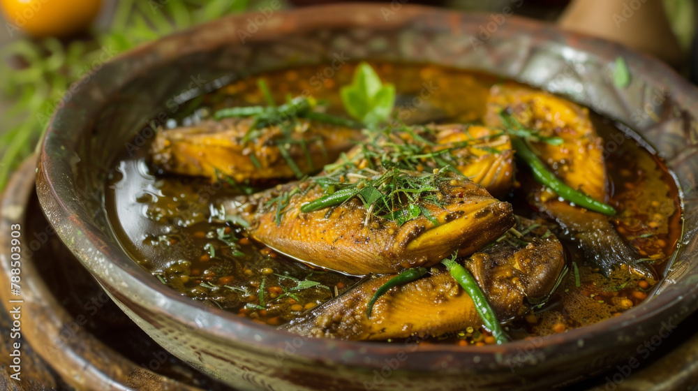 Traditional bangladeshi cuisine: spiced fish curry with herb garnish in a rustic serving bowl