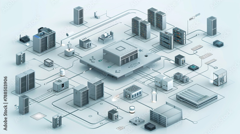 An isometric illustration of a data center with servers, computers, and network connections. An isometric illustration of a data center with servers, computers, and network connections.