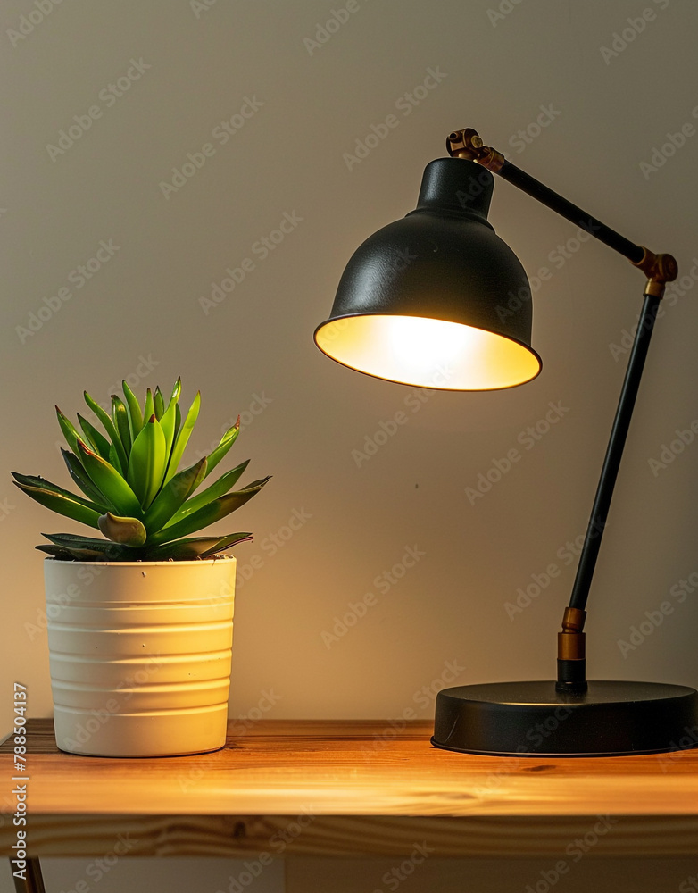 A black table lamp with an antique brass finish is placed on the table and next to it is an indoor plant grown in white pot. A black table lamp with an antique brass finish is placed on the table and next to it is an indoor plant grown in white pot.