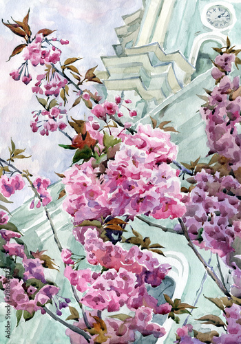 Watercolor with sakura flowers of pink color on a sunny backdrop.